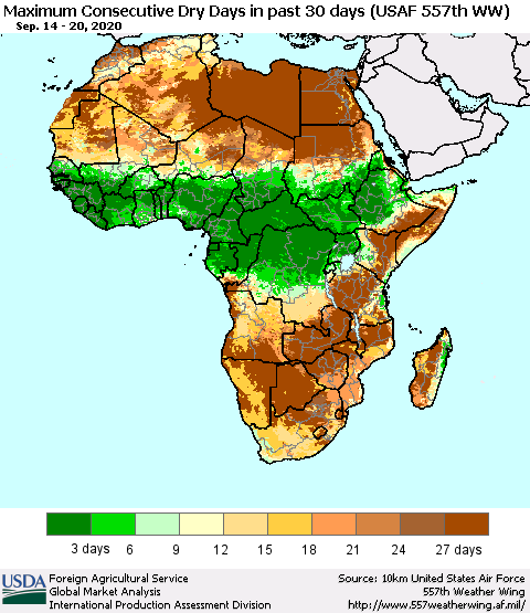 Africa Maximum Consecutive Dry Days in past 30 days (USAF 557th WW) 09/20/2020 Thematic Map For 9/14/2020 - 9/20/2020