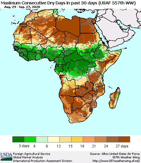 Africa Maximum Consecutive Dry Days in past 30 days (USAF 557th WW) 09/27/2020 Thematic Map For 9/21/2020 - 9/27/2020