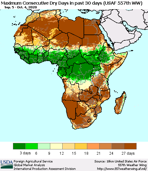 Africa Maximum Consecutive Dry Days in past 30 days (USAF 557th WW) 10/04/2020 Thematic Map For 9/28/2020 - 10/4/2020