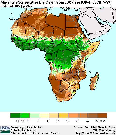 Africa Maximum Consecutive Dry Days in past 30 days (USAF 557th WW) 10/11/2020 Thematic Map For 10/5/2020 - 10/11/2020