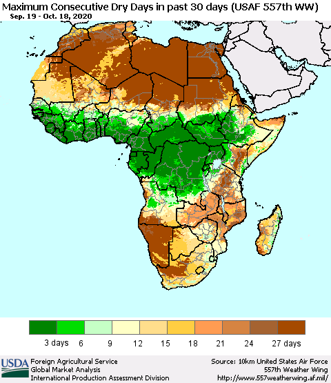 Africa Maximum Consecutive Dry Days in past 30 days (USAF 557th WW) 10/18/2020 Thematic Map For 10/12/2020 - 10/18/2020