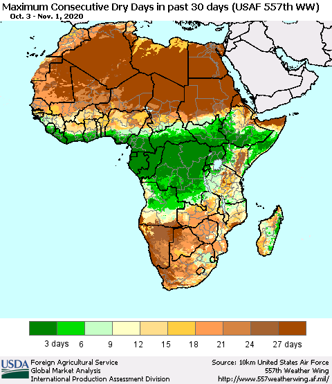 Africa Maximum Consecutive Dry Days in past 30 days (USAF 557th WW) 11/01/2020 Thematic Map For 10/26/2020 - 11/1/2020