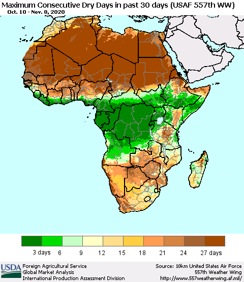 Africa Maximum Consecutive Dry Days in past 30 days (USAF 557th WW) 11/08/2020 Thematic Map For 11/2/2020 - 11/8/2020