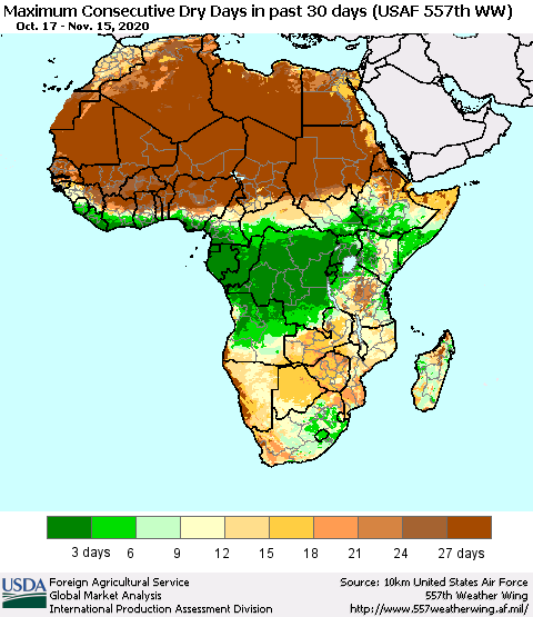 Africa Maximum Consecutive Dry Days in past 30 days (USAF 557th WW) 11/15/2020 Thematic Map For 11/9/2020 - 11/15/2020