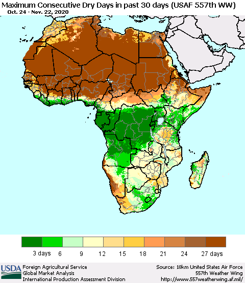 Africa Maximum Consecutive Dry Days in past 30 days (USAF 557th WW) 11/22/2020 Thematic Map For 11/16/2020 - 11/22/2020