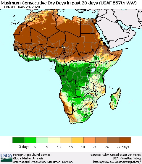 Africa Maximum Consecutive Dry Days in past 30 days (USAF 557th WW) 11/29/2020 Thematic Map For 11/23/2020 - 11/29/2020