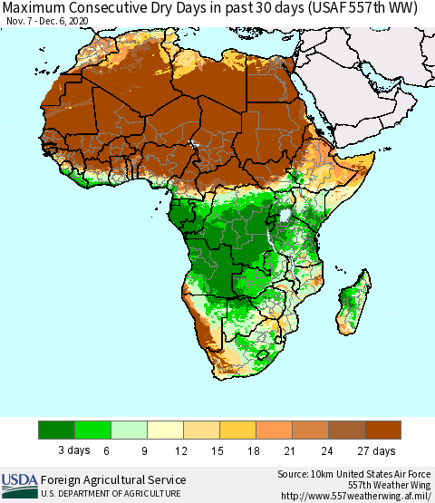 Africa Maximum Consecutive Dry Days in past 30 days (USAF 557th WW) 12/06/2020 Thematic Map For 11/30/2020 - 12/6/2020
