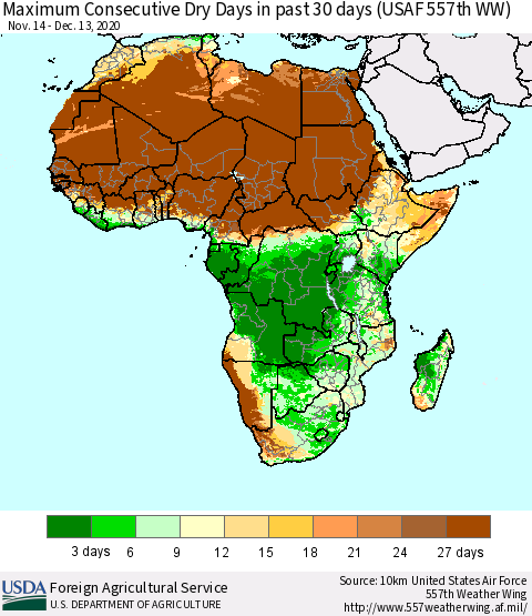 Africa Maximum Consecutive Dry Days in past 30 days (USAF 557th WW) 12/13/2020 Thematic Map For 12/7/2020 - 12/13/2020