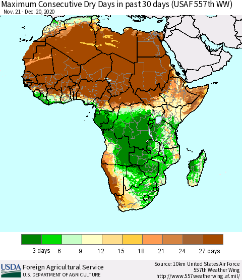 Africa Maximum Consecutive Dry Days in past 30 days (USAF 557th WW) 12/20/2020 Thematic Map For 12/14/2020 - 12/20/2020