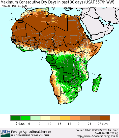 Africa Maximum Consecutive Dry Days in past 30 days (USAF 557th WW) 12/27/2020 Thematic Map For 12/21/2020 - 12/27/2020