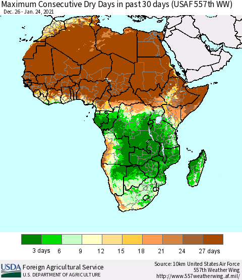 Africa Maximum Consecutive Dry Days in past 30 days (USAF 557th WW) 01/24/2021 Thematic Map For 1/18/2021 - 1/24/2021