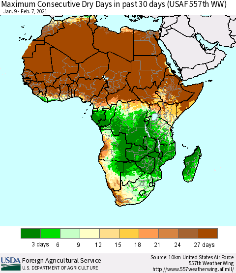 Africa Maximum Consecutive Dry Days in past 30 days (USAF 557th WW) 02/07/2021 Thematic Map For 2/1/2021 - 2/7/2021