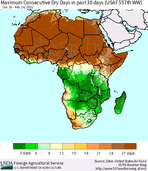 Africa Maximum Consecutive Dry Days in past 30 days (USAF 557th WW) 02/14/2021 Thematic Map For 2/8/2021 - 2/14/2021