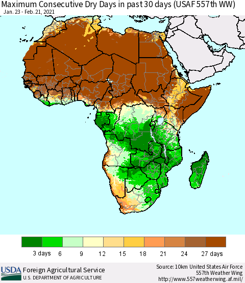Africa Maximum Consecutive Dry Days in past 30 days (USAF 557th WW) 02/21/2021 Thematic Map For 2/15/2021 - 2/21/2021