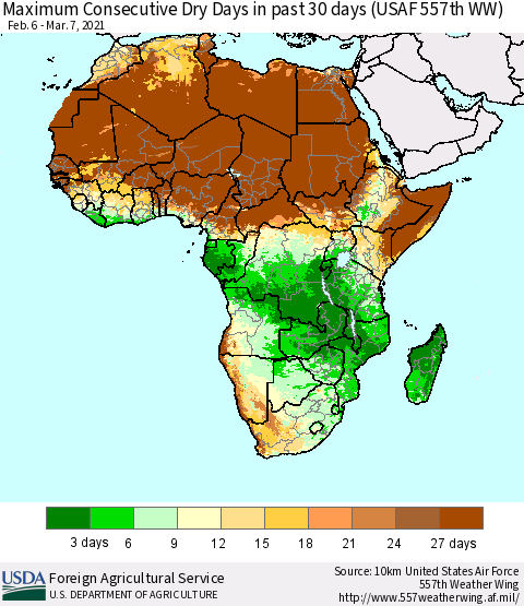 Africa Maximum Consecutive Dry Days in past 30 days (USAF 557th WW) 03/07/2021 Thematic Map For 3/1/2021 - 3/7/2021