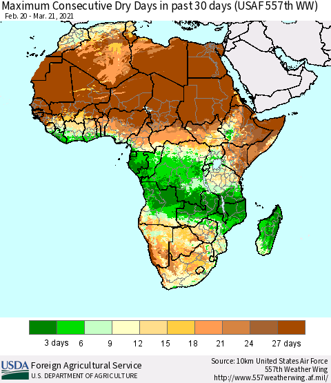 Africa Maximum Consecutive Dry Days in past 30 days (USAF 557th WW) 03/21/2021 Thematic Map For 3/15/2021 - 3/21/2021