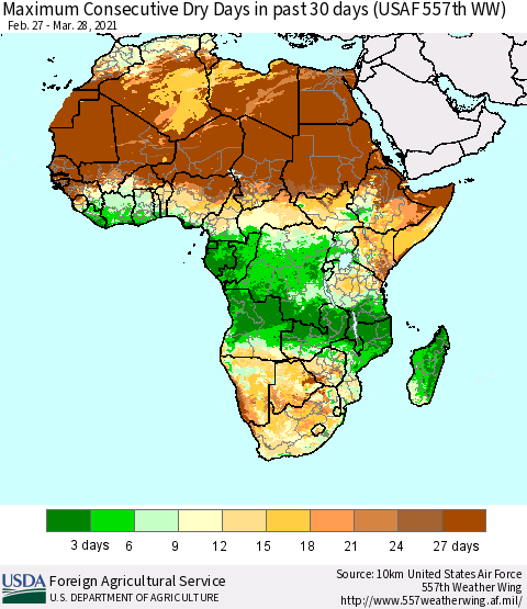 Africa Maximum Consecutive Dry Days in past 30 days (USAF 557th WW) 03/28/2021 Thematic Map For 3/22/2021 - 3/28/2021