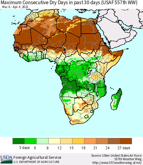 Africa Maximum Consecutive Dry Days in past 30 days (USAF 557th WW) 04/04/2021 Thematic Map For 3/29/2021 - 4/4/2021