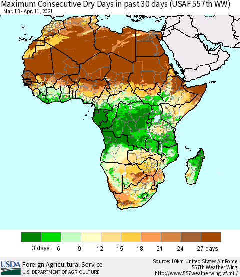 Africa Maximum Consecutive Dry Days in past 30 days (USAF 557th WW) 04/11/2021 Thematic Map For 4/5/2021 - 4/11/2021