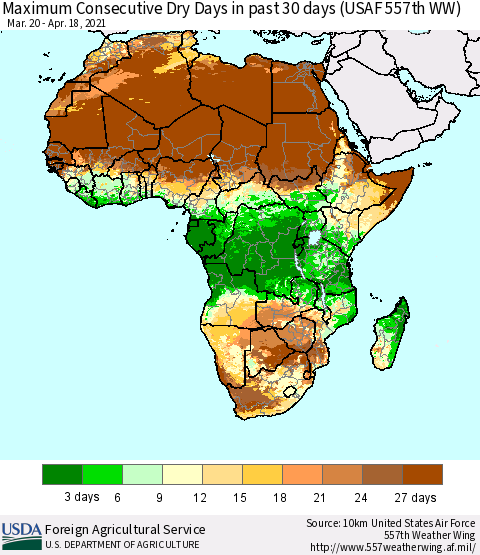 Africa Maximum Consecutive Dry Days in past 30 days (USAF 557th WW) 04/18/2021 Thematic Map For 4/12/2021 - 4/18/2021