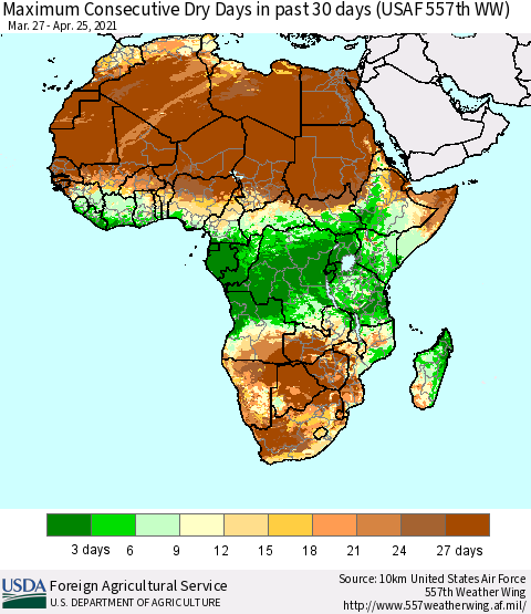 Africa Maximum Consecutive Dry Days in past 30 days (USAF 557th WW) 04/25/2021 Thematic Map For 4/19/2021 - 4/25/2021