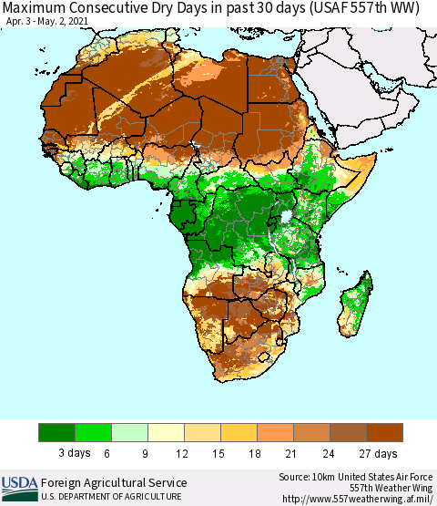 Africa Maximum Consecutive Dry Days in past 30 days (USAF 557th WW) 05/02/2021 Thematic Map For 4/26/2021 - 5/2/2021