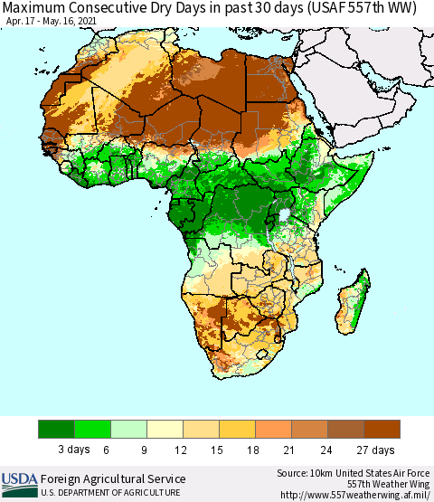 Africa Maximum Consecutive Dry Days in past 30 days (USAF 557th WW) 05/16/2021 Thematic Map For 5/10/2021 - 5/16/2021