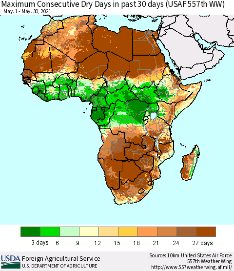 Africa Maximum Consecutive Dry Days in past 30 days (USAF 557th WW) 05/30/2021 Thematic Map For 5/24/2021 - 5/30/2021