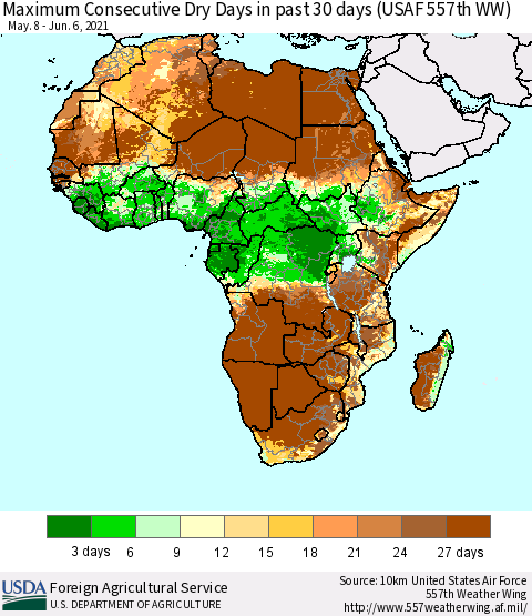 Africa Maximum Consecutive Dry Days in past 30 days (USAF 557th WW) 06/06/2021 Thematic Map For 5/31/2021 - 6/6/2021