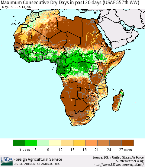 Africa Maximum Consecutive Dry Days in past 30 days (USAF 557th WW) 06/13/2021 Thematic Map For 6/7/2021 - 6/13/2021