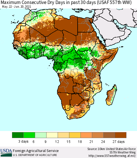 Africa Maximum Consecutive Dry Days in past 30 days (USAF 557th WW) 06/20/2021 Thematic Map For 6/14/2021 - 6/20/2021