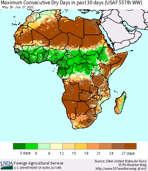 Africa Maximum Consecutive Dry Days in past 30 days (USAF 557th WW) 06/27/2021 Thematic Map For 6/21/2021 - 6/27/2021