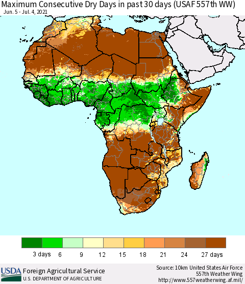 Africa Maximum Consecutive Dry Days in past 30 days (USAF 557th WW) 07/04/2021 Thematic Map For 6/28/2021 - 7/4/2021