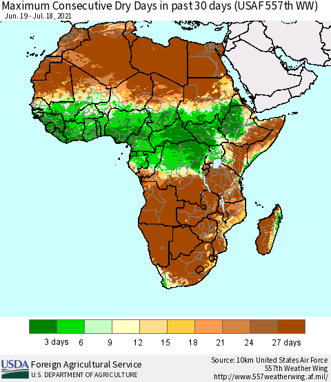 Africa Maximum Consecutive Dry Days in past 30 days (USAF 557th WW) 07/18/2021 Thematic Map For 7/12/2021 - 7/18/2021