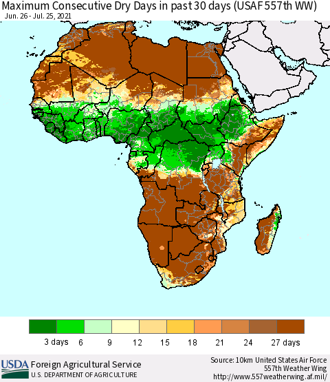 Africa Maximum Consecutive Dry Days in past 30 days (USAF 557th WW) 07/25/2021 Thematic Map For 7/19/2021 - 7/25/2021