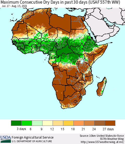 Africa Maximum Consecutive Dry Days in past 30 days (USAF 557th WW) 08/15/2021 Thematic Map For 8/9/2021 - 8/15/2021