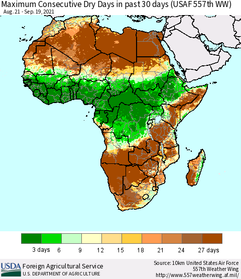 Africa Maximum Consecutive Dry Days in past 30 days (USAF 557th WW) 09/19/2021 Thematic Map For 9/13/2021 - 9/19/2021