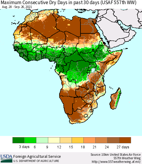 Africa Maximum Consecutive Dry Days in past 30 days (USAF 557th WW) 09/26/2021 Thematic Map For 9/20/2021 - 9/26/2021