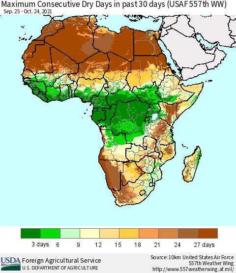 Africa Maximum Consecutive Dry Days in past 30 days (USAF 557th WW) 10/24/2021 Thematic Map For 10/18/2021 - 10/24/2021