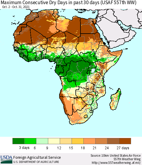 Africa Maximum Consecutive Dry Days in past 30 days (USAF 557th WW) 10/31/2021 Thematic Map For 10/25/2021 - 10/31/2021