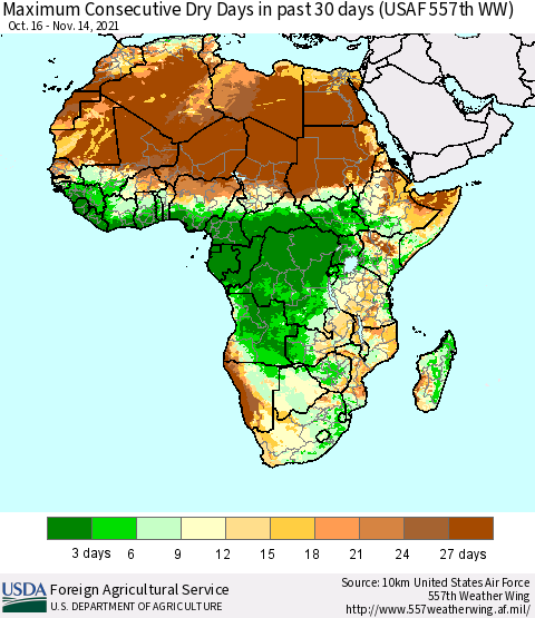 Africa Maximum Consecutive Dry Days in past 30 days (USAF 557th WW) 11/14/2021 Thematic Map For 11/8/2021 - 11/14/2021
