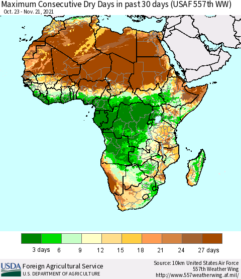 Africa Maximum Consecutive Dry Days in past 30 days (USAF 557th WW) 11/21/2021 Thematic Map For 11/15/2021 - 11/21/2021