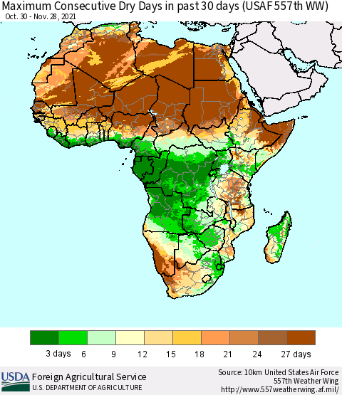Africa Maximum Consecutive Dry Days in past 30 days (USAF 557th WW) 11/28/2021 Thematic Map For 11/22/2021 - 11/28/2021