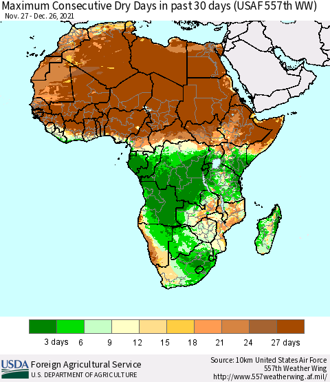 Africa Maximum Consecutive Dry Days in past 30 days (USAF 557th WW) 12/26/2021 Thematic Map For 12/20/2021 - 12/26/2021