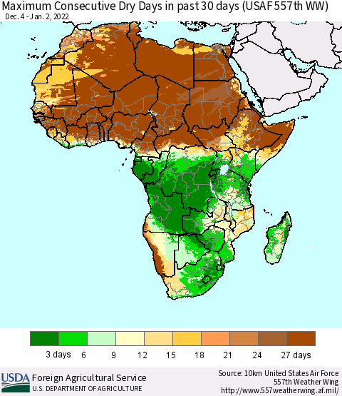 Africa Maximum Consecutive Dry Days in past 30 days (USAF 557th WW) 01/02/2022 Thematic Map For 12/27/2021 - 1/2/2022