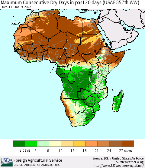 Africa Maximum Consecutive Dry Days in past 30 days (USAF 557th WW) 01/09/2022 Thematic Map For 1/3/2022 - 1/9/2022