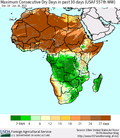 Africa Maximum Consecutive Dry Days in past 30 days (USAF 557th WW) 01/16/2022 Thematic Map For 1/10/2022 - 1/16/2022