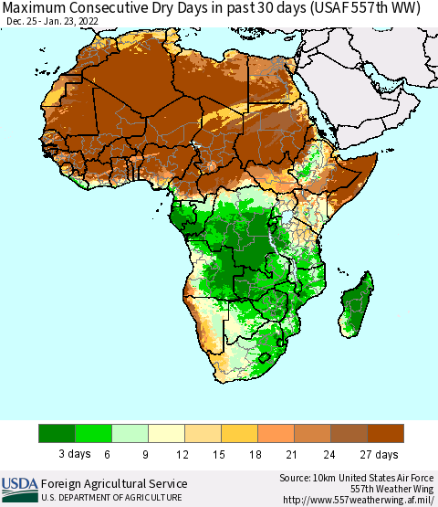 Africa Maximum Consecutive Dry Days in past 30 days (USAF 557th WW) 01/23/2022 Thematic Map For 1/17/2022 - 1/23/2022