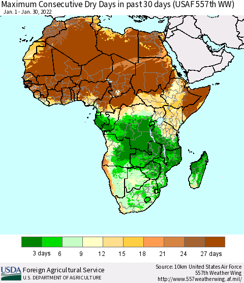 Africa Maximum Consecutive Dry Days in past 30 days (USAF 557th WW) 01/30/2022 Thematic Map For 1/24/2022 - 1/30/2022