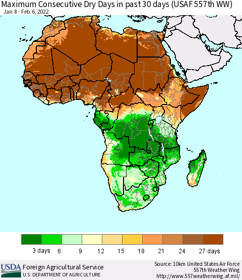 Africa Maximum Consecutive Dry Days in past 30 days (USAF 557th WW) 02/06/2022 Thematic Map For 1/31/2022 - 2/6/2022
